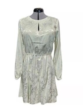 Emma & Michele Cream Metallic Floral Long Sleeve Dress with Keyhole